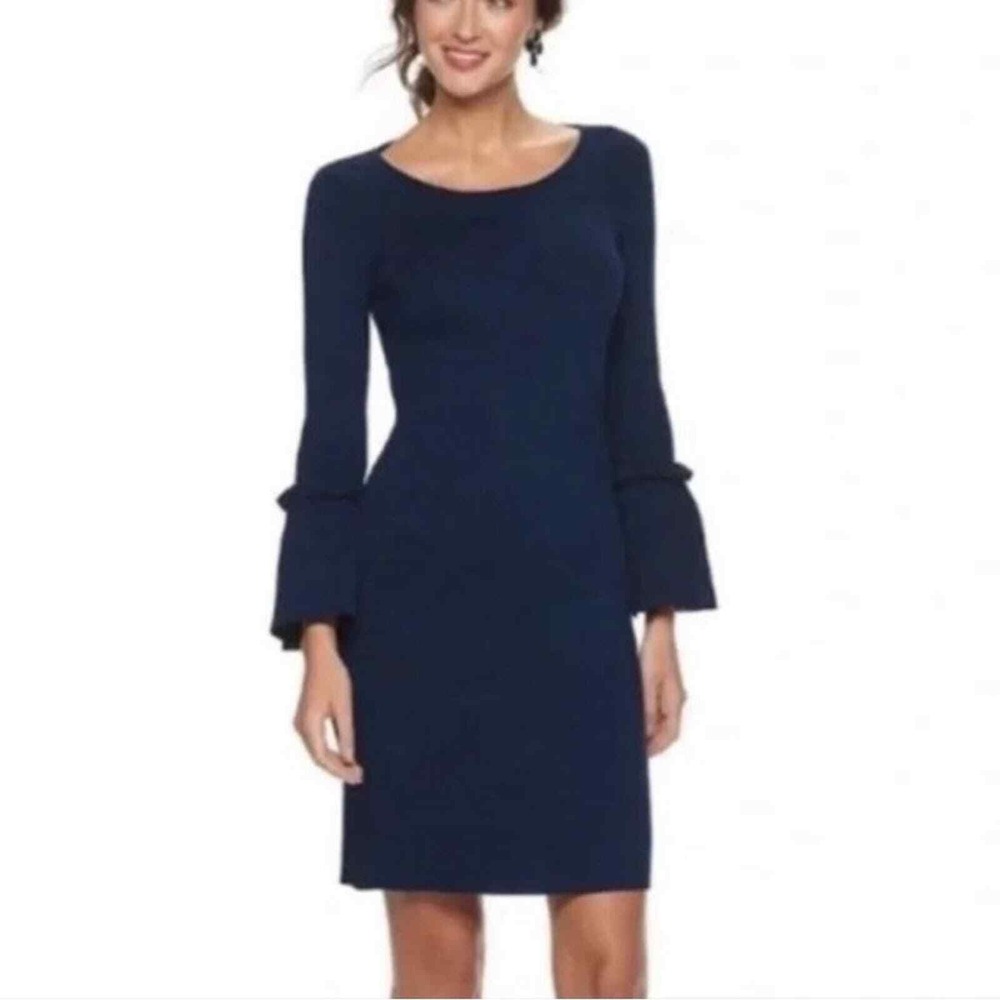 Nina Leonard Navy Blue Knit Dress Long Bell Sleeves‎ Sheath Large